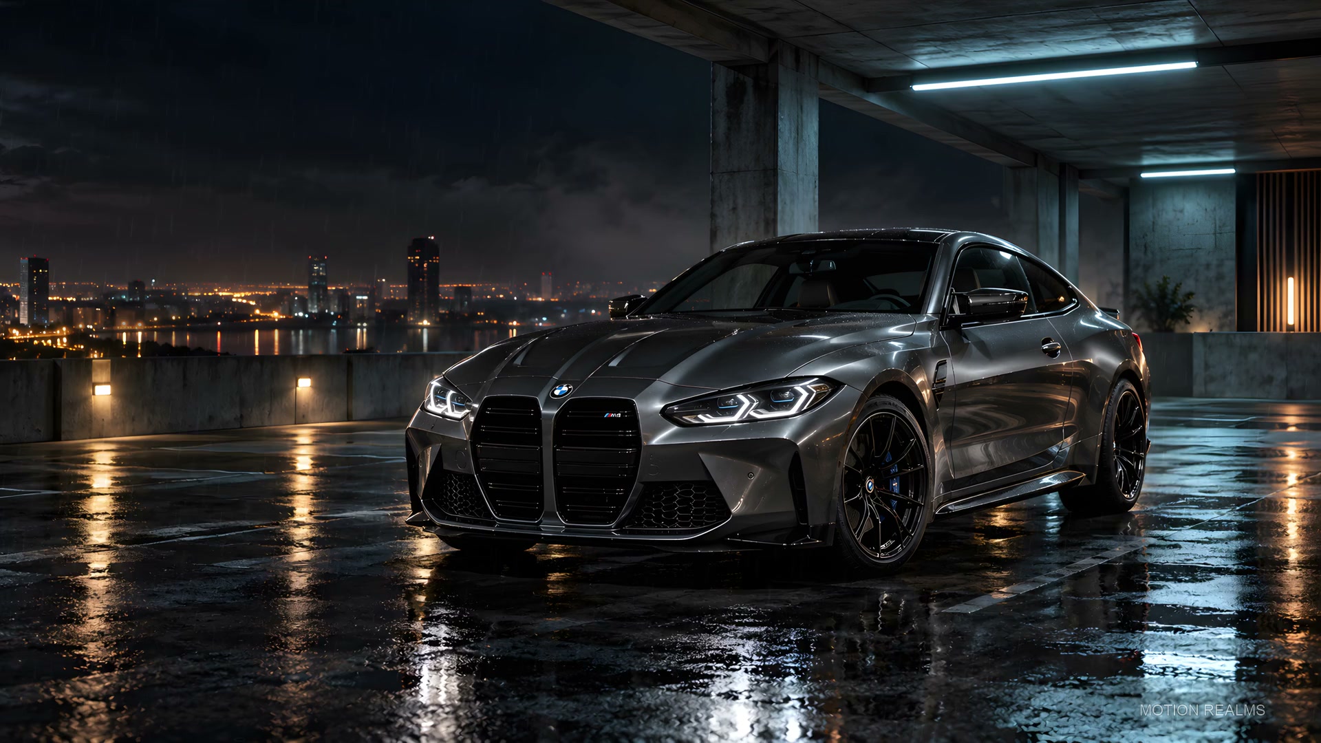 BMW M4 in a neon-lit garage