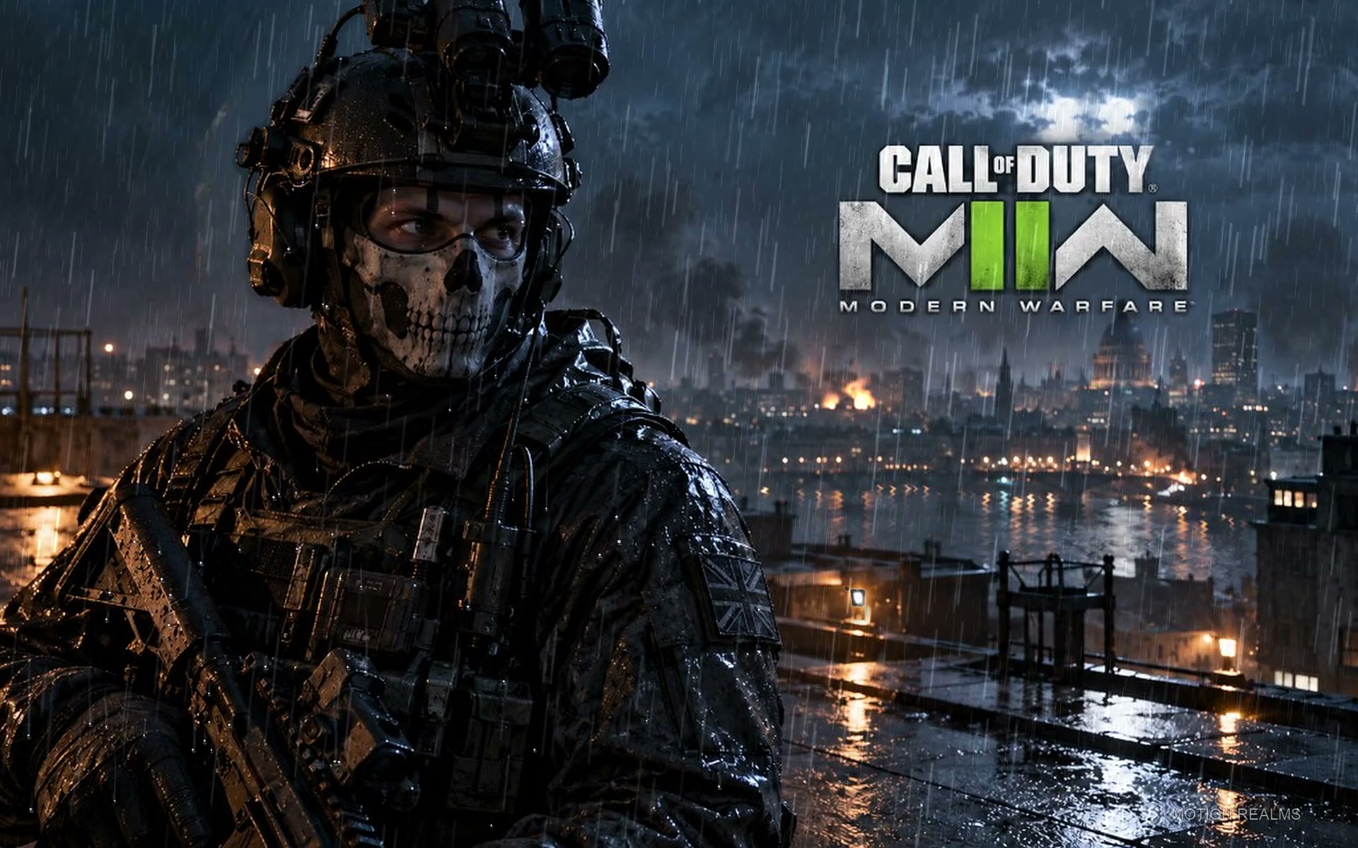 Call of Duty operator Ghost on a rain-soaked London rooftop at night