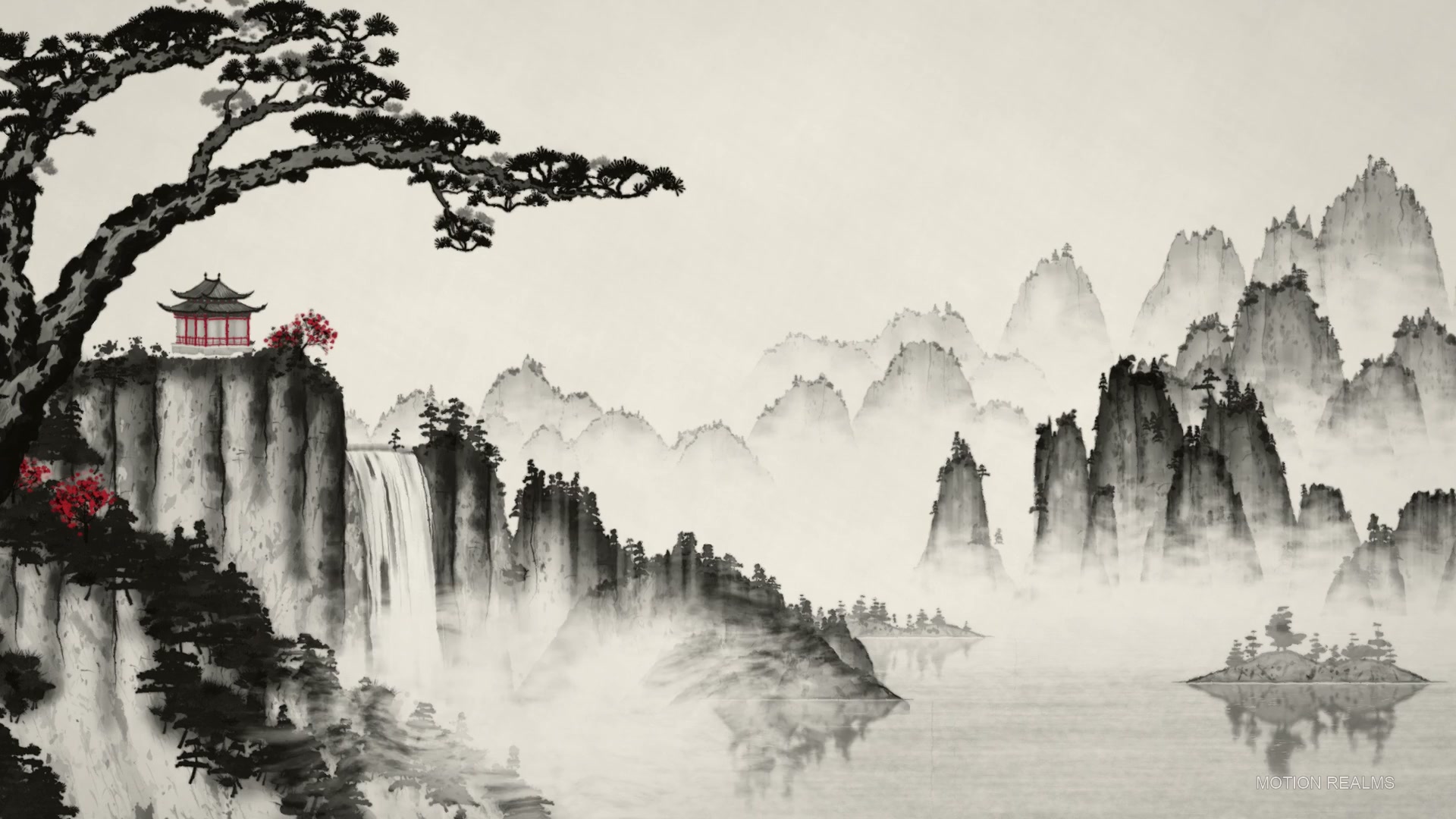 Cranes above waterfalls and misty mountains in an animated ink-wash landscape